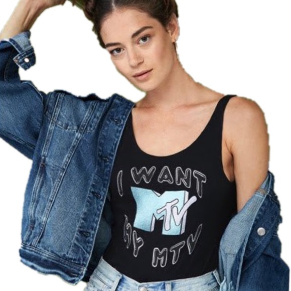 NWOT American Eagle "I want My MTV" Y2K Retro Black bodysuit Small - Picture 3 of 8
